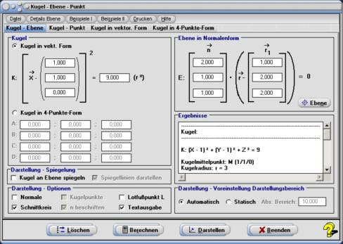 MathProf - Kugel - Schnittkreis - Ebenengleichung - Lagebeziehung - Ebene - Punkt - Tangentialebene - Polarebene - Rechner - Berechnen - Berechnung - Zeichnen