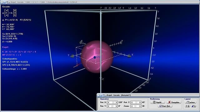 MathProf - Kugel - Gerade - Kugelgleichung - Geradengleichung - Lagebeziehung Kugel-Gerade - Abstand - Punkt - Schnittpunkt - Kugeloberfläche - Kugelvolumen - Rechner - Berechnen
