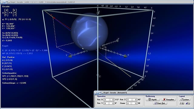 MathProf - Kugel - Gerade - Kugelgleichung - Geradengleichung - Lagebeziehung Kugel-Gerade - Abstand Gerade-Kugel - Punkt - Schnittpunkt - Rechner - Berechnen