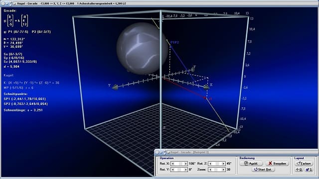 MathProf - Kugel - Gerade - Schnittpunkte - Kugel durch 4 Punkte - Abstand Kugel-Gerade - Richtungswinkel - Vektordarstellung - 3D - Eigenschaften - Kugelgleichung im Raum - Mittelpunkt - Gerade in Zweipunkteform - Berührpunkt - Durchstoßpunkt - Spiegeln - R3 - Spiegelung - Rechner - Berechnen