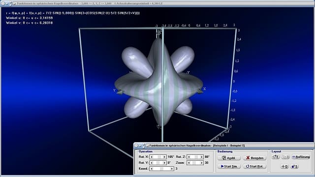 MathProf - Funktionen in Kugelkoordinaten - Flächen - Krummlinige Flächen - Kugelkoordinaten - 3D - 3D Funktionsplotter - 3D-Plotter - Sphärische Koordinaten - Funktion - Fläche - Plotten - 3D-Funktionsplot - 3D-Flächen - 3D-Plot - Grafisch - Darstellen - Plotten - Graph - Grafik - Zeichnen - Schaubild - 4