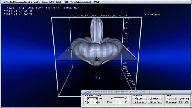 MathProf - Funktionen in Kugelkoordinaten - Krummlinige Flächen - Kugelkoordinaten - 3D - Funktion - 3D Funktionsplotter - 3D-Plotter - Sphärische Koordinaten - Funktion - Fläche - Plotten - 3D-Funktionsplot - 3D-Flächen - 3D-Plot - Grafisch - Darstellen - Plotten - Graph - Grafik - Zeichnen - Schaubild - 5