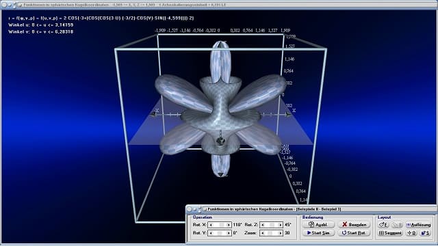 MathProf - Funktionen in Kugelkoordinaten - Flächen - Krummlinige Flächen - Kugelkoordinaten - 3D Funktionsplotter - 3D-Plotter - Sphärische Koordinaten - Funktion - Fläche - Plotten - 3D-Funktionsplot - 3D-Flächen - 3D-Plot - Grafisch - Darstellen - Plotten - Graph - Grafik - Zeichnen - Schaubild - 7