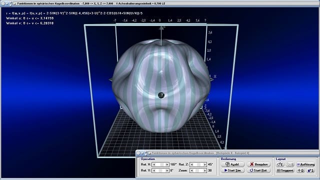 MathProf - Funktionen in Kugelkoordinaten - Flächen - Krummlinige Flächen - Kugelkoordinaten - 3D Funktionsplotter - 3D-Plotter - Sphärische Koordinaten - Funktion - Fläche - Plotten - 3D-Funktionsplot - 3D-Flächen - 3D-Plot - Grafisch - Darstellen - Plotten - Graph - Grafik - Zeichnen - Schaubild - 8