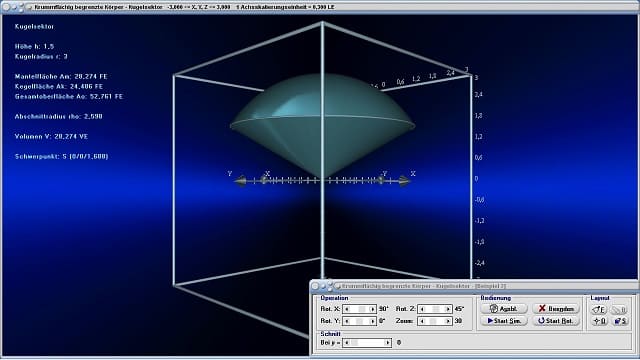 MathProf - Kugelsektor - Flächeninhalt - Definition -  - Ansicht - Draufsicht - Seitensicht - Massenmittelpunkt - Merkmale - Volumen - Oberfläche - Mantelfläche - Radius - Umfang - Schwerpunkt - Rauminhalt - Eigenschaften - Formeln - Darstellen - Plotten - Graph - Grafik - Zeichnen - Plotter - Rechner - Berechnen - Schaubild