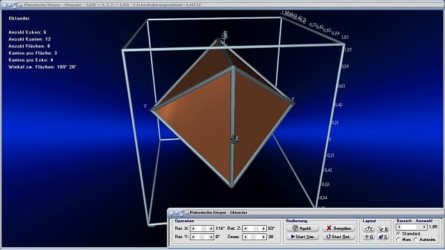 MathProf - Platonische Körper - Achtflächner - Ecken - Kanten - Flächen - Umkugel - Inkugel - Volumen - Winkel - Rauminhalt - Oktaeder - Duale Körper - Darstellen - Zeichnen - Rechner - Formel - Berechnen