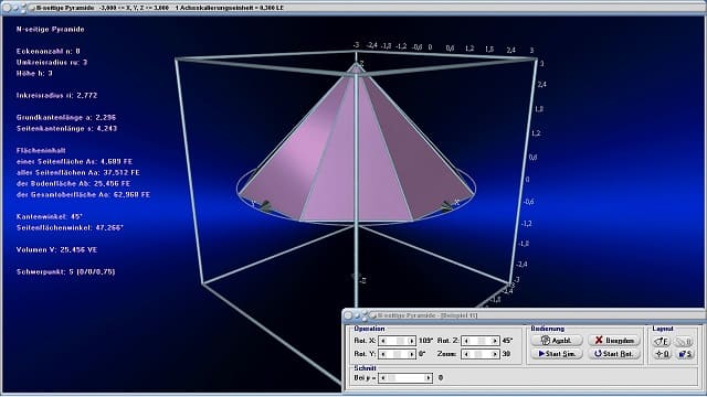 MathProf - Regelmäßige Pyramide - Raum - Räumlich - Figur - Darstellung - Berechnung - Arbeitsblatt - Arbeitsblätter - Unterrichtsmaterial - Übungsaufgaben - Neigungswinkel - Grundflächeninhalt - Volumenberechnung - Körperberechnungen - Schrägbild - Teilfläche - Teilflächen - Beschreibung - Definition - Flächeninhalt - Volumen - Oberfläche - Grundfläche - Rauminhalt - Höhe - Raumgeometrie - Eigenschaften - Formeln - Plotten - Zeichnen - Rechner - Berechnen