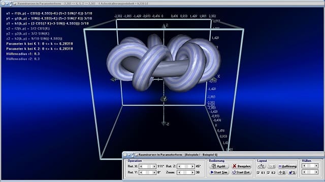 MathProf - Raumkurven - Parameterdarstellung - Parameterkurven - Parametrisierte Kurven - Parameter - Simulation - Simulieren - Funktionen - Kurve - Kurven im Raum - 3D-Kurven - Raum - Beispiel - Länge - Bogenlänge - Grafisch - Darstellen - Verschlungene Ringe - Ringe - Ring - Rechner - Berechnen - Graph - Grafik - Zeichnen - Schaubild - 2