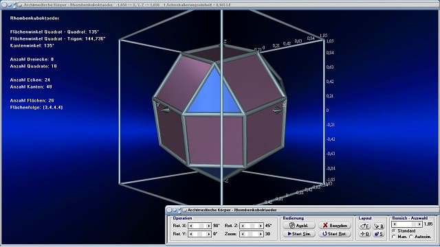 MathProf - Rhombenkuboktaeder - Bild - Flächenwinkel - Kantenwinkel - Volumen - Flächen - Punkte - Kanten - Flächen - Ecken - Eigenschaften - Formeln - Winkel - Tabelle - Zeichnen - Rechner - Berechnen