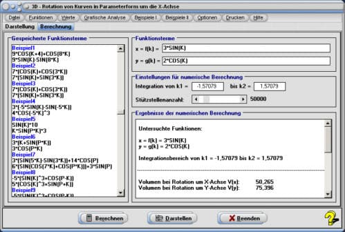 MathProf - Integralrechnung - Parameterkurven - Parametergleichungen - Parameterform - 3D - Körper - Volumen - Animation - Rotationsvolumen - Mantelfläche - Rechner - Berechnen