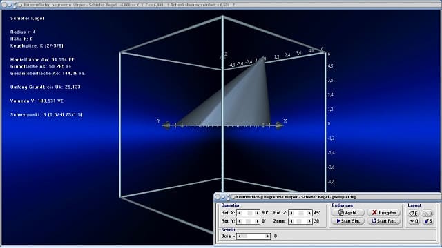 MathProf - Schiefer Kegel - Flächeninhalt - Definition - Volumen - Oberfläche - Mantelfläche - Radius - Umfang - Schwerpunkt - Grundfläche - Rauminhalt - Neigung - Winkel - Eigenschaften - Formeln - Darstellen - Plotten - Graph - Grafik - Zeichnen - Plotter - Rechner - Berechnen - Schaubild