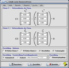 MathProf - Ebenen - Raum - Schnittgerade - Schnittwinkel - Winkel - Normalenvektor - Richtungsvektor - Spurpunkte - Darstellung - Darstellen - Plotter - Zeichnen - Eigenschaften - Rechner - Berechnen - Berechnung - Grafik