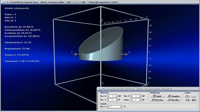 MathProf - Zylinder schräg geschnitten - Abgeschrägter Zylinder - Definition - Flächeninhalt - Volumen - Oberfläche - Mantelfläche - Radius - Umfang - Schwerpunkt - Grundfläche - Rauminhalt - Eigenschaften - Formeln - Darstellen - Plotten - Graph - Grafik - Zeichnen - Plotter - Rechner - Berechnen - Schaubild