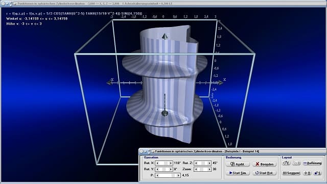 MathProf - Zylinderkoordinaten - Zylinderkoordinatensystem - Zylindrische Koordinaten - Funktion - 3D - Koordinatensystem - Polare Koordinaten - Funktionsplotter - Funktionsplot - Fläche - Polarkoordinaten - Dreidimensional - Raum - Grafisch - Darstellen - Plotten - Graph - Grafik - Zeichnen - Schaubild - 5