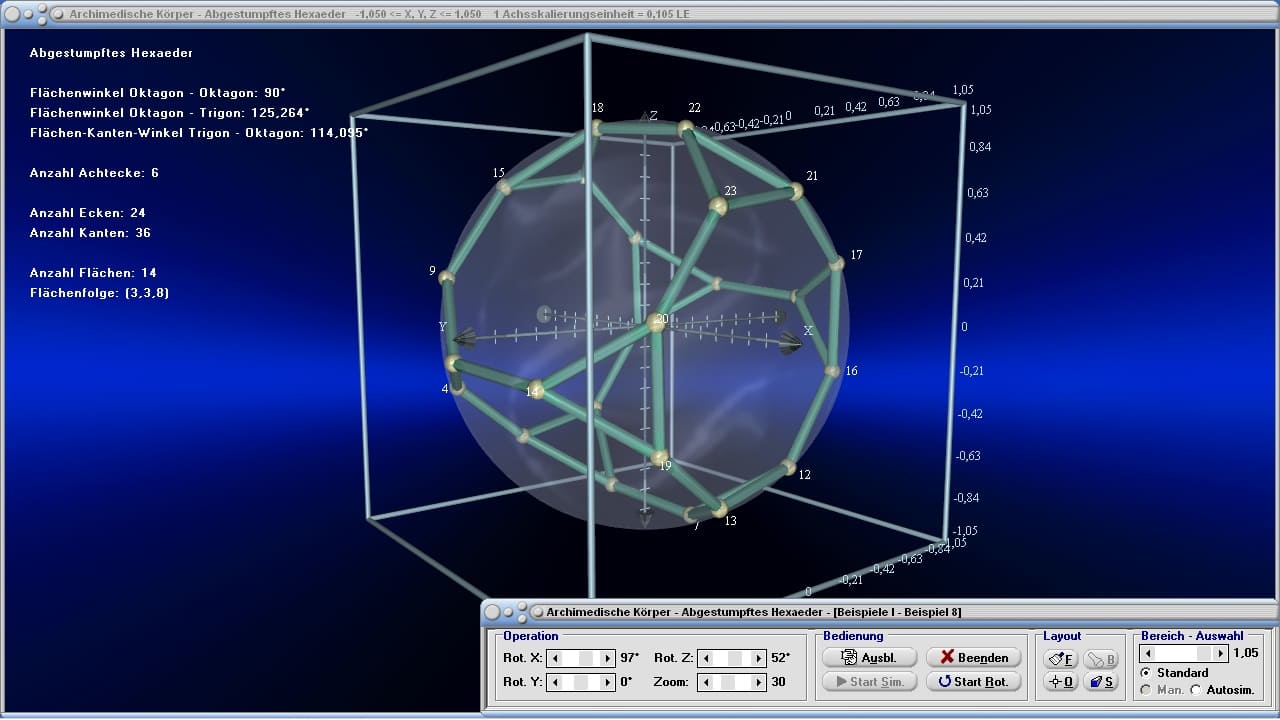MathProf - Abgestumpftes Hexaeder - Hexaederstumpf - Gittermodell - Kugel - Inkugel - Umkugel - Flächenwinkel - Kantenwinkel - Volumen - Flächen - Punkte - Kanten - Flächen - Ecken - Eigenschaften - Formeln - Winkel - Tabelle - Darstellen - Zeichnen - Rechner - Berechnen