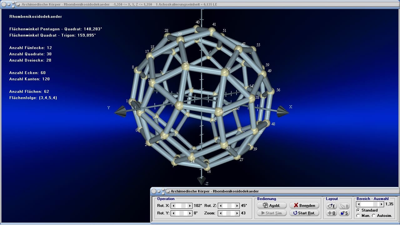 MathProf - Archimedische Körper - Rhombenikosidodekaeder - Gittermodell - Inkugel - Umkugel - Flächenwinkel - Kantenwinkel - Volumen - Flächen - Punkte - Kanten - Flächen - Ecken - Eigenschaften - Formeln - Winkel - Tabelle - Darstellen - Zeichnen - Plotter - Rechner - Berechnen