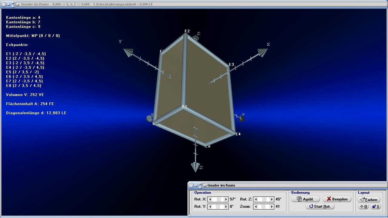 MathProf - Quader - Formel - Beispiel - Rauminhalt - Volumenberechnung - Oberfläche - Körper - Kantenlängen - Grundfläche - Deckfläche - 3D - Eigenschaften - Darstellen - Bilder - Zeichnen - Rechner - Berechnen - Schaubild