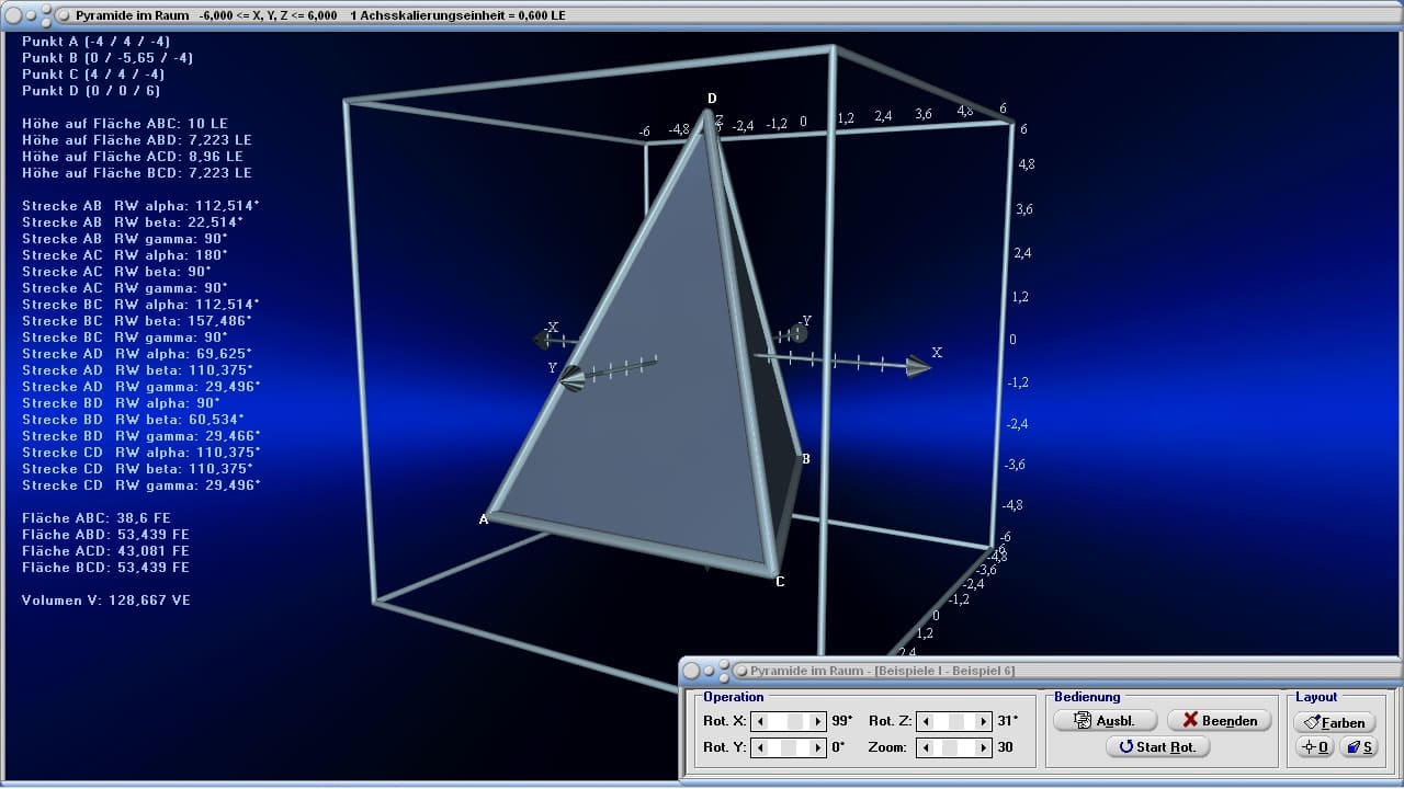 MathProf - Pyramide im Raum - Geometrische Körper - Rauminhalt - Länge - Breite - Höhe - Vektoren - Geometrie - Netz - Körpernetz - Körpernetze - Schiefe Pyramide - Kantenlängen - Oberfläche - Flächeninhalt - Rechteckige Pyramide - Grundkante - Volumenberechnung - 3D - Eigenschaften - Zeichnen - Rechner - Berechnen - Schaubild