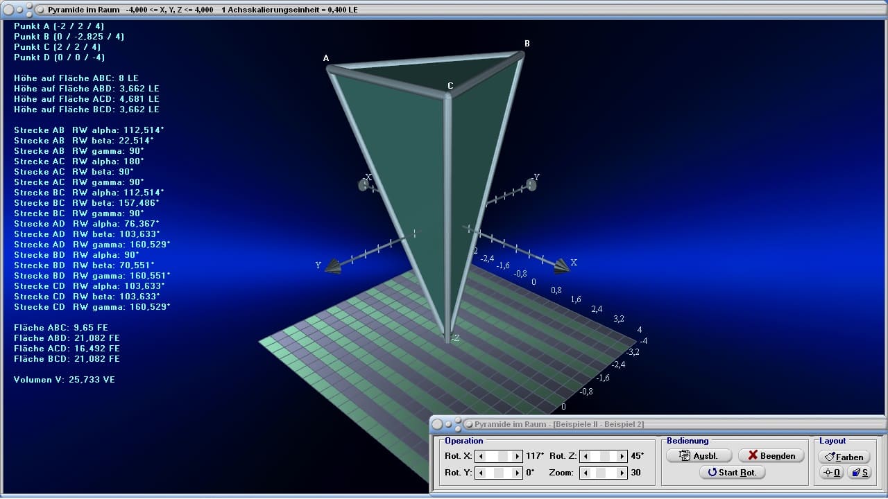 MathProf - Pyramide - Raum - Geometrische Körper - Beispiel - Rauminhalt - Volumenberechnung - Schiefe Pyramide - Kantenlängen - Oberfläche - Flächeninhalt - Rechteckige Pyramide - Grundkante - Volumenberechnung - 3D - Eigenschaften - Darstellen - Plotten - Grafik - Zeichnen - Rechner - Berechnen - Schaubild
