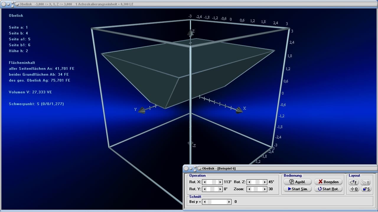 MathProf - Obelisk - Seite - Volumen - Flächeninhalt - Fläche - Schwerpunkt - Beispiel - Eigenschaften - Formeln - Darstellen - Plotten - Graph - Grafik - Zeichnen - Plotter - Rechner - Berechnen - Schaubild