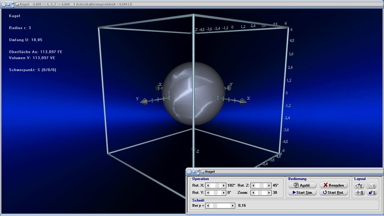 MathProf - Kugel - Durchmesser - Radius - Volumen - Oberfläche - Kugeloberfläche - Umfang - Kugelvolumen - Beispiel - Eigenschaften - Formeln - Darstellen - Plotten - Graph - Grafik - Zeichnen - Plotter - Rechner - Berechnen - Schaubild