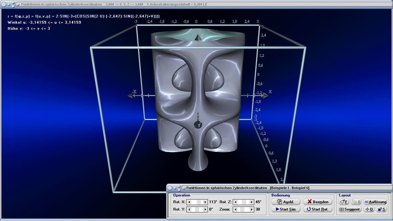 MathProf - Zylinderkoordinaten - Funktionen - 3D - Flächenfunktion - Zylinderkoordinatensystem - Flächenelement - Beispiel - Rechner - 3D-Funktionen - Funktionsplot - 3D-Flächen - Plotter - Grafisch - Darstellen - Plotten - Graph - Grafik - Zeichnen