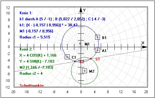 MathProf - Kreise - Schnittpunkte - Lagebeziehung - Gleichung - Zeichnen - Beispiel - Gegenseitige Lage - Rechner - Berechnen