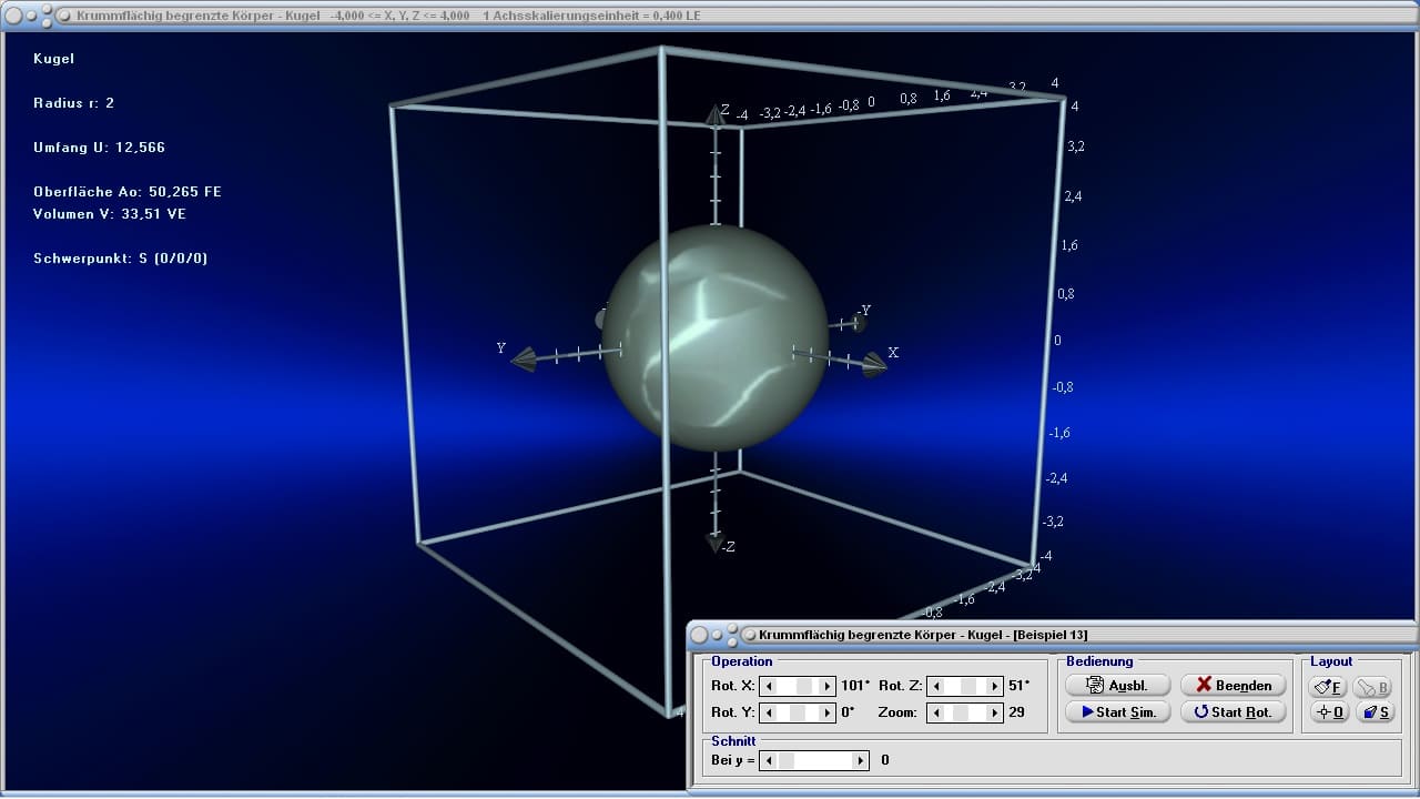 MathProf - Kugel - Durchmesser - Radius - Volumen - Oberfläche - Kugelobefläche - Umfang - Kugelvolumen - Beispiel - Rauminhalt - Eigenschaften - Formeln - Darstellen - Plotten - Graph - Grafik - Zeichnen - Plotter - Rechner - Berechnen - Schaubild