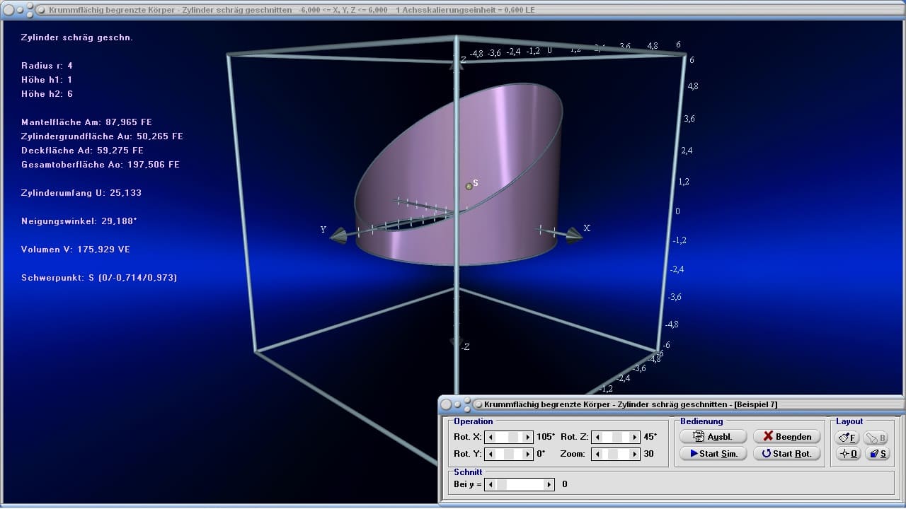 MathProf - Zylinder - Schräg geschnitten - Kreiszylinder - Durchmesser - Flächen - Grundfläche - Mantelfläche - Oberfläche - Rauminhalt - Umfang - Volumen - Beispiel - Eigenschaften - Formeln - Darstellen - Plotten - Graph - Grafik - Zeichnen - Plotter - Rechner - Berechnen - Schaubild