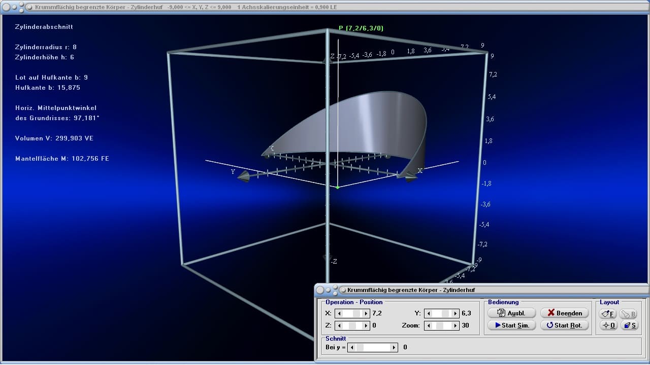 MathProf - Zylinderabschnitt - Zylinderhuf - Höhe - Volumen - Mantelfläche - Oberfläche - Rauminhalt - Umfang - Beispiel - Eigenschaften - Formeln - Darstellen - Plotten - Graph - Grafik - Zeichnen - Plotter - Rechner - Berechnen - Schaubild