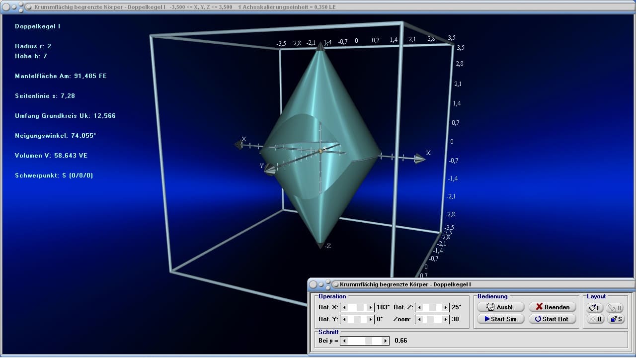 MathProf - Doppelkegel - Volumen - Fläche - Flächeninhalt - Höhe - Mantelfläche - Mantel - Oberfläche - Winkel - Raumgeometrie - Beispiel - Eigenschaften - Formeln - Darstellen - Plotten - Graph - Grafik - Zeichnen - Plotter - Rechner - Berechnen - Schaubild