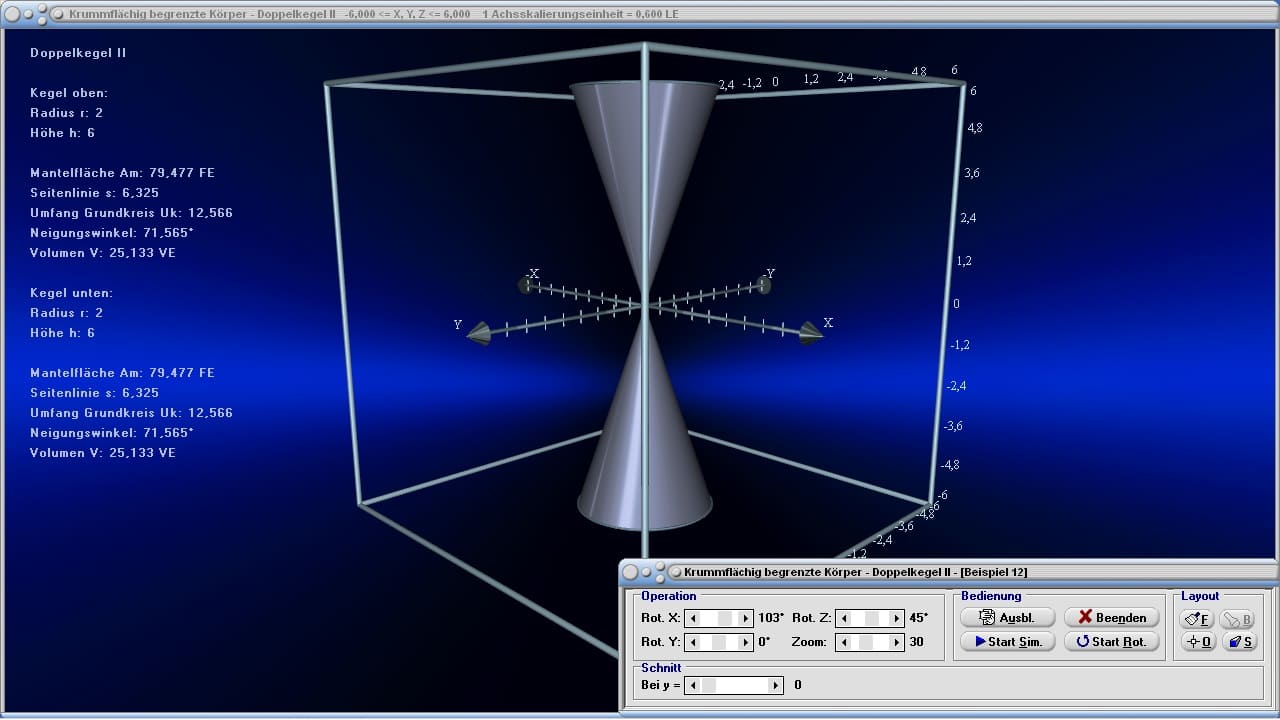 MathProf - Doppelkegel - Volumen - Fläche - Flächeninhalt - Höhe - Mantelfläche - Oberfläche - Winkel - Beispiel - Eigenschaften - Formeln - Darstellen - Plotten - Graph - Grafik - Zeichnen - Plotter - Rechner - Berechnen - Schaubild