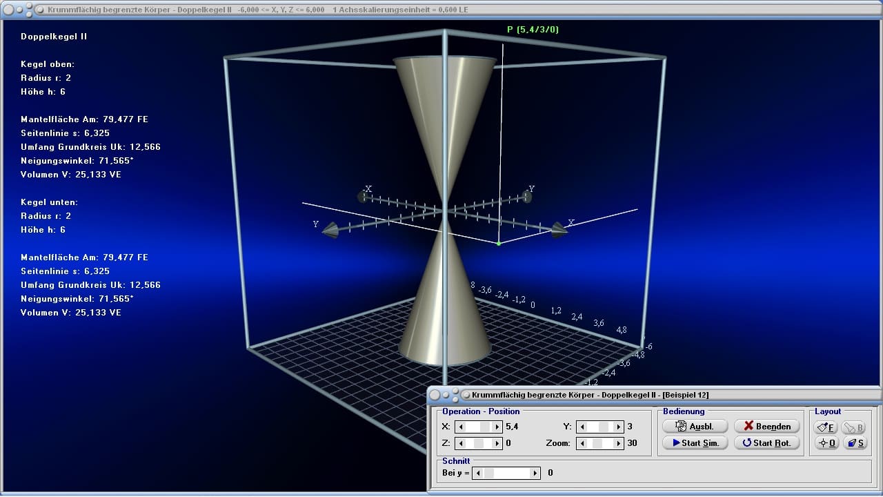 MathProf - Doppelkegel - Volumen - Fläche - Flächeninhalt - Höhe - Grundfläche - Winkel - Eigenschaften - Formeln - Darstellen - Plotten - Graph - Grafik - Zeichnen - Plotter - Rechner - Berechnen - Schaubild