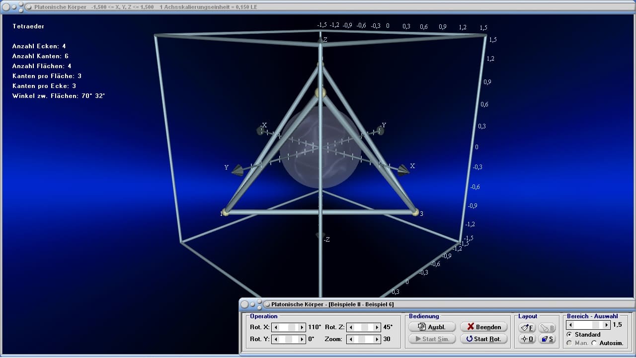 MathProf - Platonische Körper - Tetraeder - Volumen - Winkel - Koordinaten - Oberfläche - Seiten - Inkugel - Umkugel - Geometrische Körper - Beispiel - Ecken - Gitter - Netz - Kanten - Flächen - Dreiseitige Pyramide - Zeichnen - Rechner - Berechnen