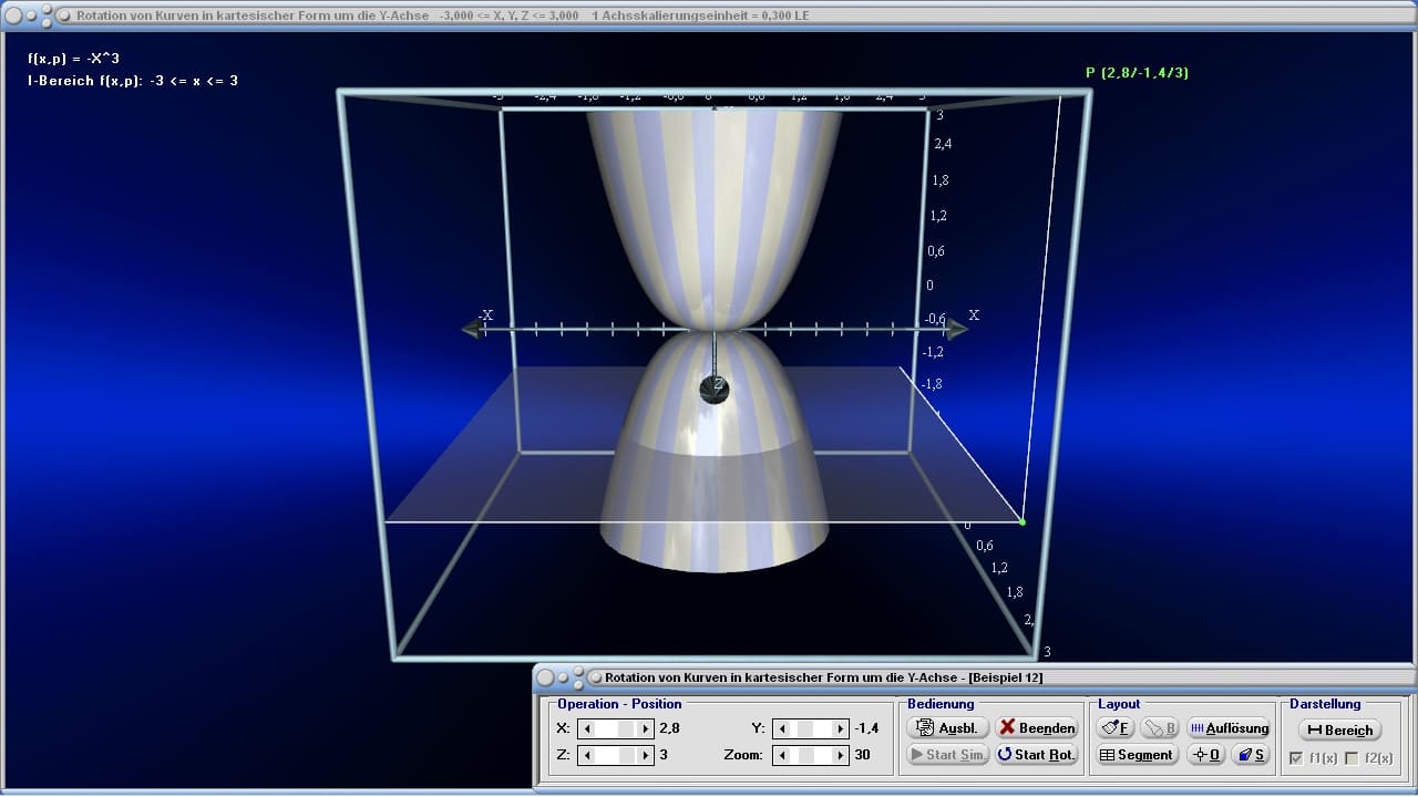 MathProf - Rotationskörper - Radius - Umfang - Schwerpunkt - y-Achse - Rotationsvolumen - Rauminhalt - Integralrechnung - Beispiel - Integral - Volumen - Rotation um y-Achse - Bogenlänge - 3D-Plotter - 3D-Plot - Grafisch - Darstellen - Plotten - Grafik - Zeichnen - Plotter - Rechner