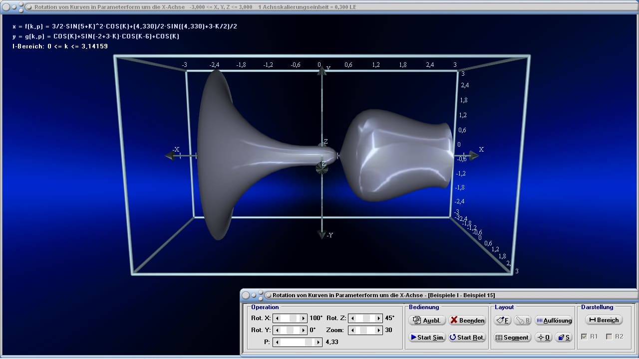 MathProf - Rotationskörper - Berechnen - Darstellen - Eigenschaften - Schwerpunkt - Volumen - x-Achse - Rauminhalt - Animation - Simulation - Beispiel - Parameterdarstellung - Volumen - Rotationsvolumen - Mantelfläche - Rotation um x-Achse -  Bogenlänge - Graph - Grafik - Zeichnen - Plotter