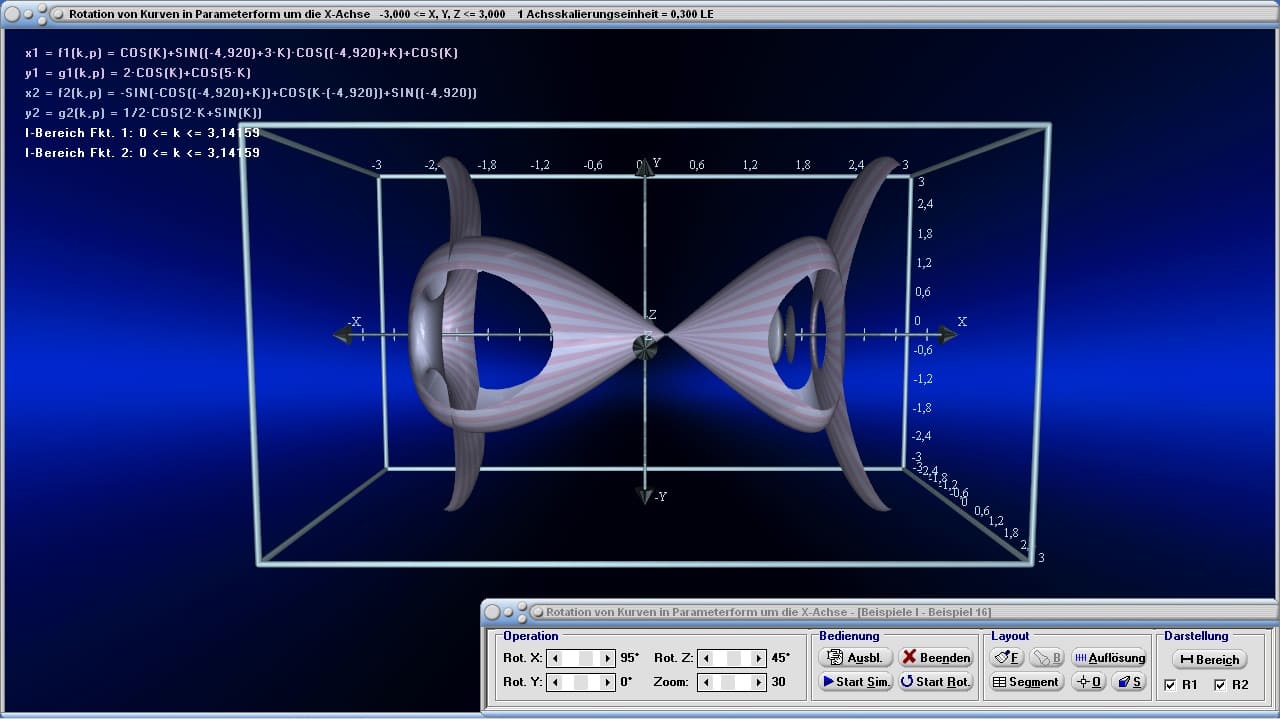 MathProf - Rotationskörper - Rotation von Körpern - Animation - Rotationsachse - Rotationsfläche - Flächeninhalt - Integral - Mantelfläche - Oberfläche - Plotten - Beispiel - Parameterdarstellung - Integralrechnung - Volumen - Rotationsvolumen - Rotation um x-Achse - Bogenlänge - Graph - Grafik - Zeichnen - Plotter - Rechner - Berechnen - Schaubild