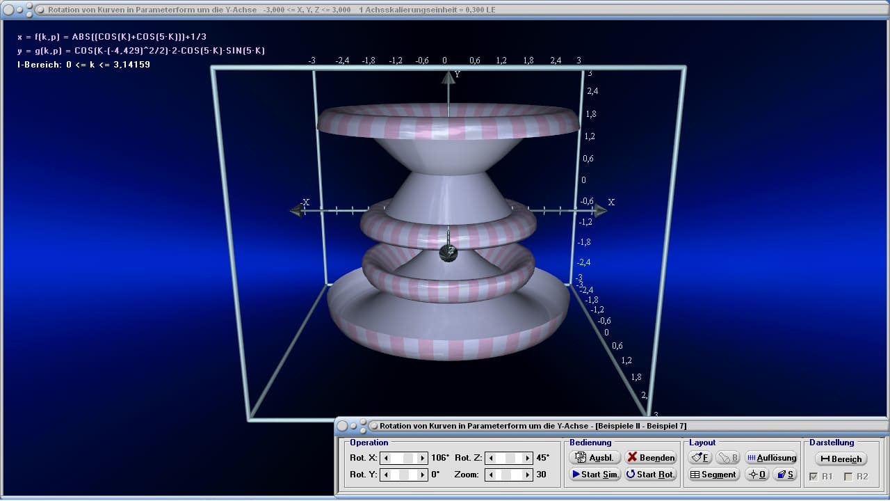 MathProf - Rotationskörper - Parameterkurven - Parametergleichungen - Parameterform - Parameterdarstellung - Schwerpunkt - Volumen - y-Achse - Rauminhalt - Bogenlänge - Koordinaten - Bestimmtes Integral - Volumenintegral - Statisches Moment - Beispiel - Mantelfläche - Integral - Rotationsvolumen - Rotation um y-Achse - Bogenlänge - 3D - Plotter - 3D-Plot - 3D-Grafik - Grafisch - Darstellen - Plotten - Graph - Grafik - Zeichnen - Rechner - Berechnen - Schaubild