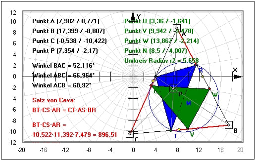 MathProf - Satz - Ceva - Konstruktion - Konstruieren - Transversalen - Seitenhalbierende - Berechnen - Graph - Grafisch - Bild - Zeichnen - Ecktransversalen - Eigenschaften - Erklärung - Beschreibung - Definition - Rechner - Beispiel - Grafik - Darstellung - Berechnung - Darstellen