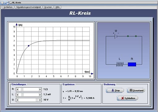 PhysProf - RL-Kreis - RL-Schaltung - Widerstand - Strom - Spannung - Induktivität - Zeit - Berechnen - Rechner - Kennlinie - Darstellen - Diagramm