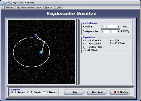 PhysProf - Keplersche Gesetze - 1. Gesetz - 1. Keplersches Gesetz - Zeit - Elliptische Bahn - Umlaufbahn - Erdumlaufbahn - Darstellen - Graph - Rechner - Berechnen - Grafik - Plotter - Simulation - Animation - Planeten - Sonnenssystem - Planetenbewegung - Körper - Bahngeschwindigkeit