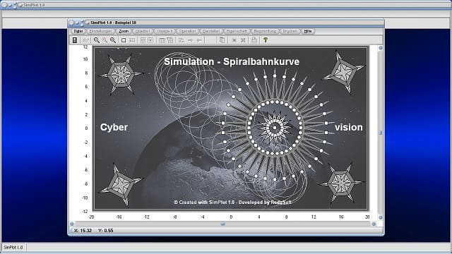 SimPlot - Spiralbahn - Kreisförmige Bewegung - Beschleunigte Bewegung - Darstellen - Bild - Bilder - Grafik - Software - Plotter